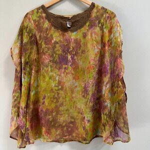Sundance 100% Silk Floral Blouse Crochet Collar Yellow Small